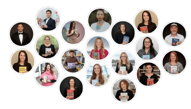 Collage of QuillForge published authors holding their books